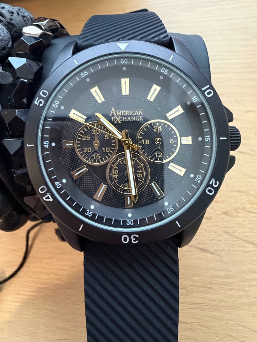 American Exchange Black and Gold Chronograph Watch with Bracelet Stack